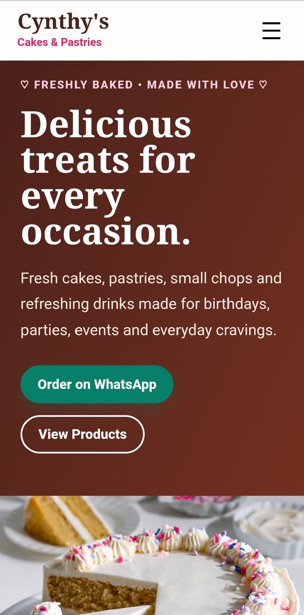 Cynthy's Cakes & Pastries website homepage